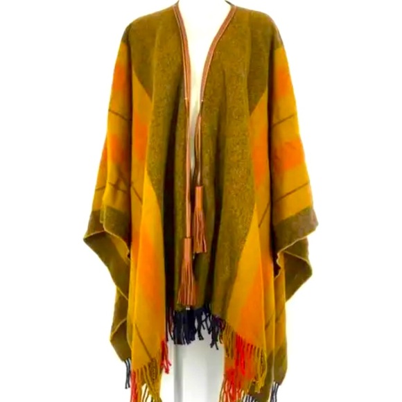 Hermes Paris Poncho Rocabar Leather Pompom Wool Cashmere Blend Mustard Unisex - Picture 1 of 7